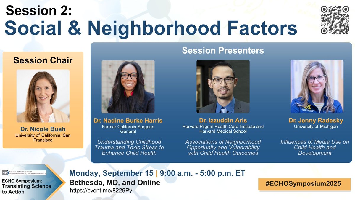 In this “Meet Our Speakers” spotlight, Session 2 explores how place and experience shape child health, moderated by Dr. Nicole Bush from University of California, San Francisco: cvent.me/8229Py #ECHOSymposium2025 #ChildDevelopment