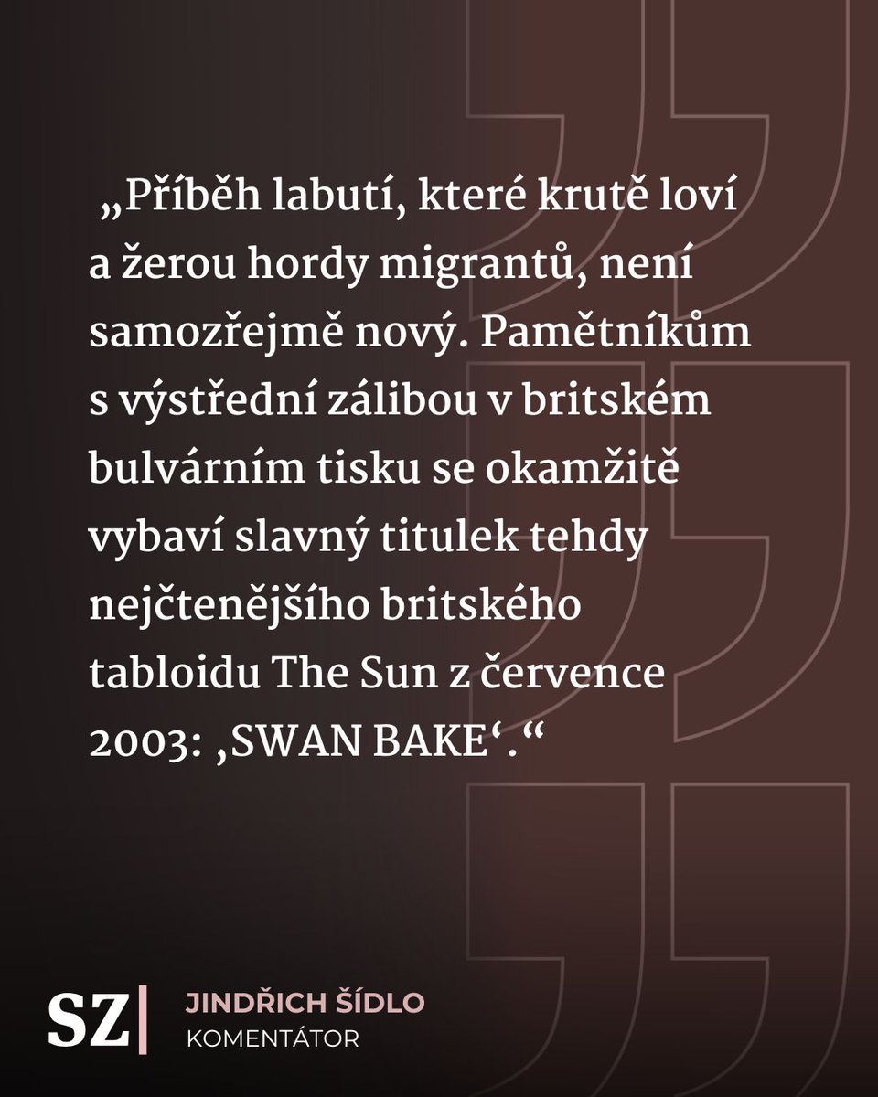 Seznam Zprávy (@seznamzpravy) on Twitter photo 🦢🔥 Migranti žerou labutě!
Tahle legenda o zmizelých labutích z Vltavy zní povědomě? Není nová. Britský bulvár s ní přišel už v roce 2003.
<a href="/JindrichSidlo2/">Jindřich Šídlo - NEW</a> ve svém komentáři ukazuje, jak snadno se šíří fámy, které potřebují jen jedno: známého viníka.
📲 seznamzpravy.cz/clanek/281849 🦢🔥 Migranti žerou labutě!
Tahle legenda o zmizelých labutích z Vltavy zní povědomě? Není nová. Britský bulvár s ní přišel už v roce 2003.
<a href="/JindrichSidlo2/">Jindřich Šídlo - NEW</a> ve svém komentáři ukazuje, jak snadno se šíří fámy, které potřebují jen jedno: známého viníka.
📲 seznamzpravy.cz/clanek/281849