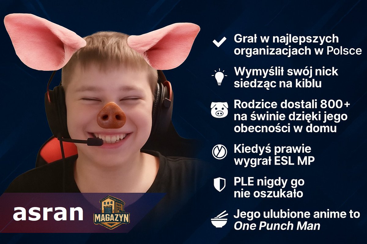 Informacje od naszego detektywa wskazują na to, że drużyna MAGAZYN postawi dzisiaj swoją nogę na serwerze i oficjalnie rozpocznie sezon w ESEA!

Spotkanie rozpocznie się około godziny 20:45, a my chcieliśmy zapoznać was trochę z naszą ekipą. 
Pierwszym zawodnikiem jest asran: