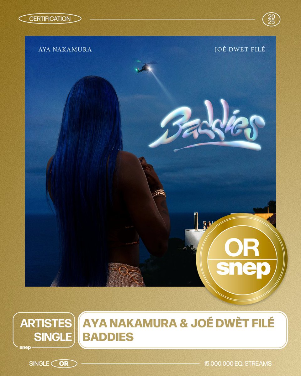 Le titre « Baddies » de Aya Nakamura &amp; Joé Dwèt Filé est certifié Single Or ! 📀

15 000 000 équivalents streams 🎧

Bravo ! 👏