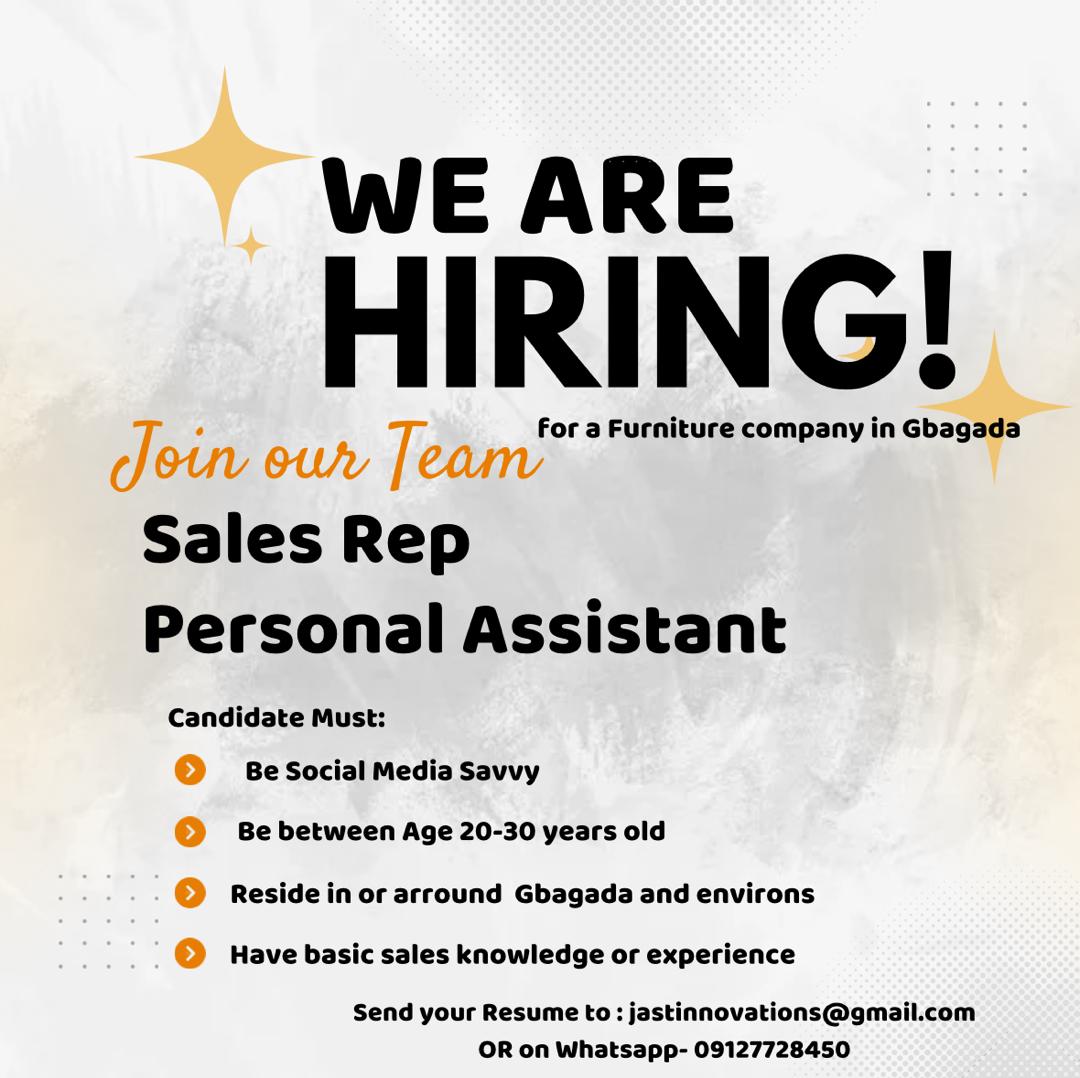 My Gbagada (@mygbagada) on Twitter photo We're hiring!
🔹 Female Sales Rep
🔹 Male/Female PA
Age: 20–35
Must be smart, social media savvy,have basic sales knowledge reside around Gbagada & available Monday–Saturday.
Send CV to jastinnovations@gmail.com or WhatsApp 09127728450.
Let’s create beautiful spaces together! We're hiring!
🔹 Female Sales Rep
🔹 Male/Female PA
Age: 20–35
Must be smart, social media savvy,have basic sales knowledge reside around Gbagada & available Monday–Saturday.
Send CV to jastinnovations@gmail.com or WhatsApp 09127728450.
Let’s create beautiful spaces together!