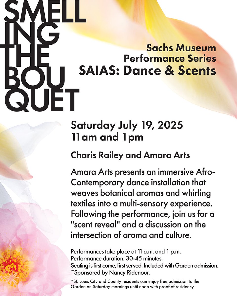 Explore @mobotmuseum's Smelling the Bouquet exhibition through this exciting weekend performance!

🌱 SAIAS: Dance and Scents | July 19 from 11—11:45 a.m. and 1—1:45 p.m.

Learn more: missouribotanicalgarden.org/sachs-museum-p…

📸 Amara Arts

#MOBOTGarden