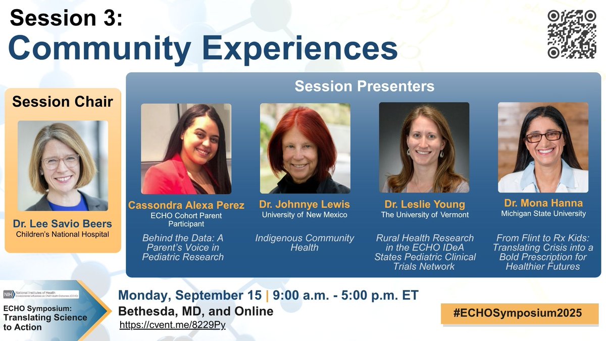 Science is stronger when it includes lived experience. Our next “Meet Our Speakers” post features Session 3, moderated by Dr. Lee Beers of Children’s National Hospital: cvent.me/8229Py #ECHOSymposium2025 #ChildHealth