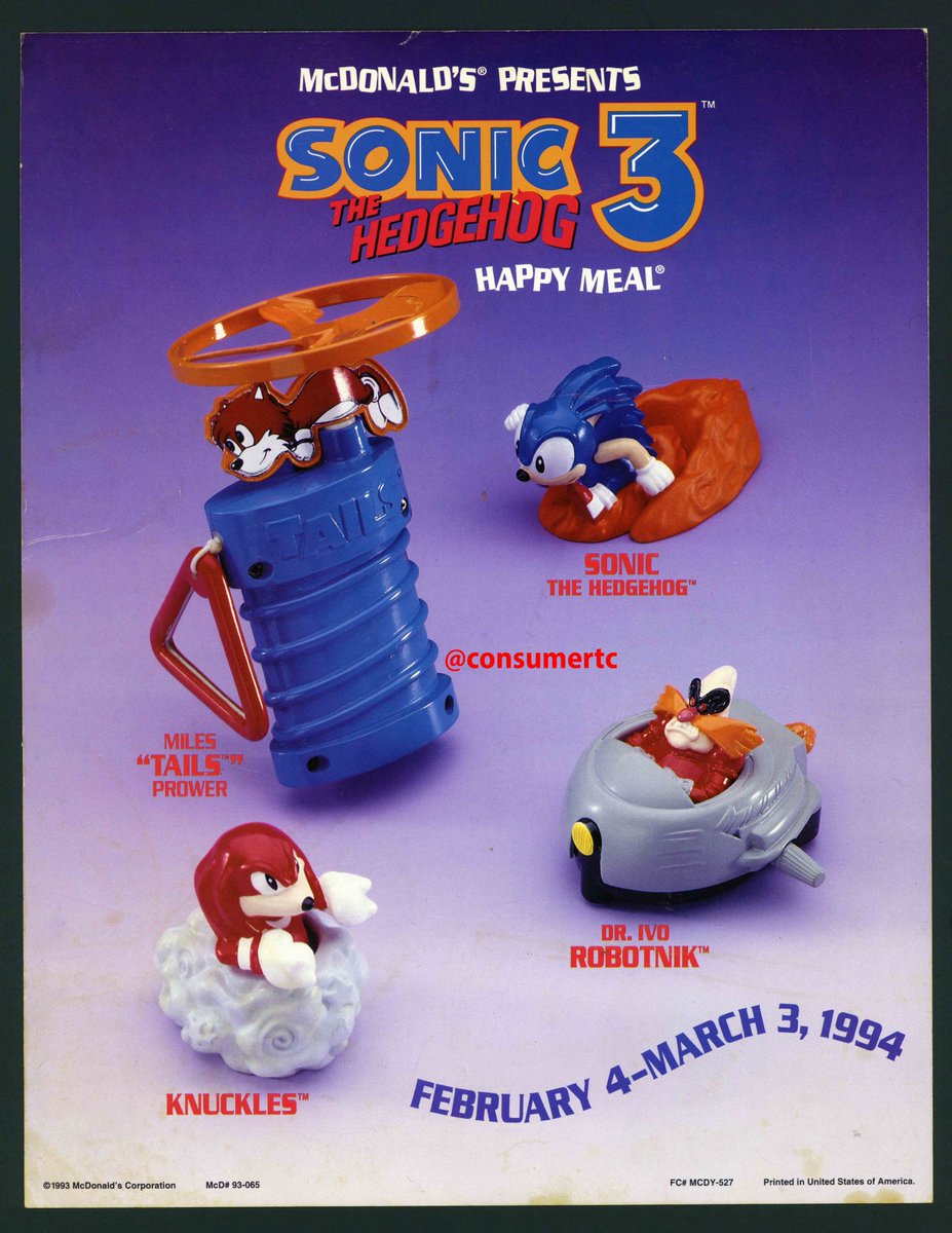 consumertc's tweet image. In 1994, SONIC 3 got its own Happy Meal. The other three toys were fine, but that flying Tails was clearly the star of the show.