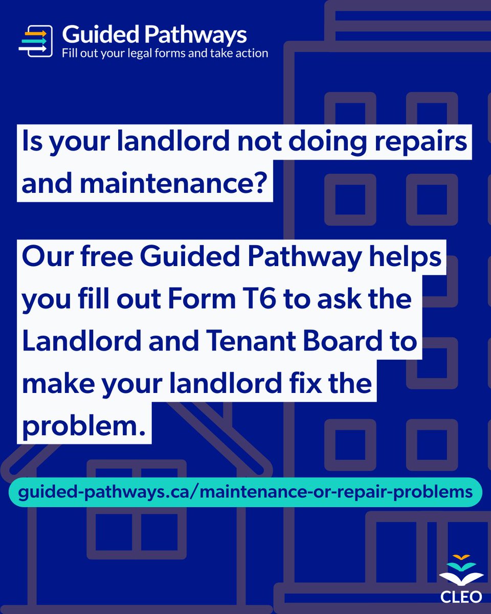 Is your landlord not doing repairs and maintenance?

Our free Guided Pathway helps you fill out Form T6 to ask the Landlord and Tenant Board to make your landlord fix the problem.

guided-pathways.ca/maintenance-or…