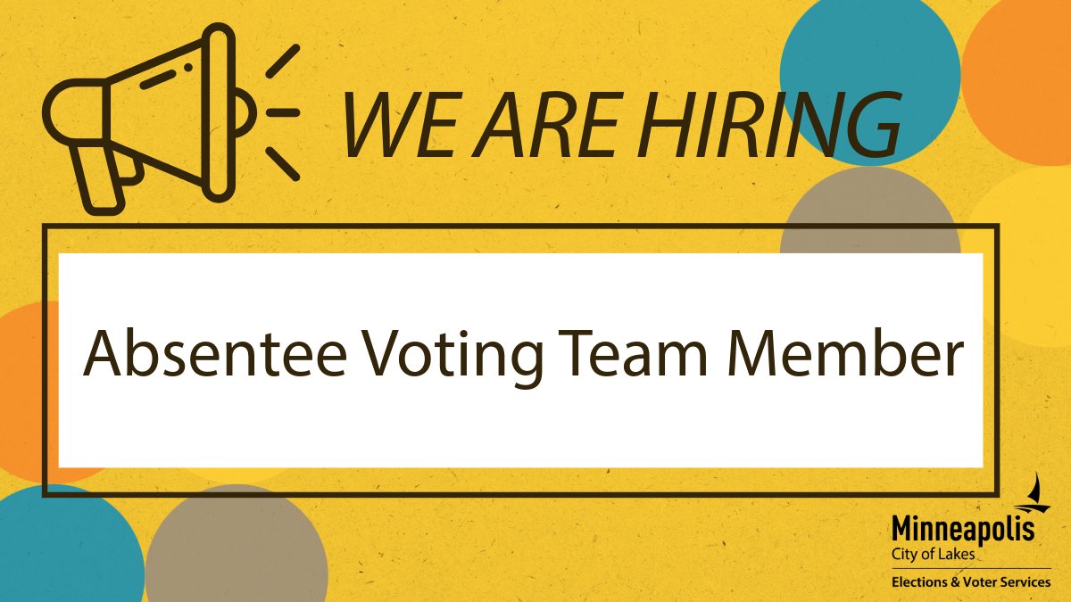VoteMpls's tweet image. We’re hiring! Join our team as an Absentee Voting Team Member. Individuals with language skills in Hmong, Somali, Oromo or Spanish are highly encouraged to apply. View more details and apply here: governmentjobs.com/careers/minnea…