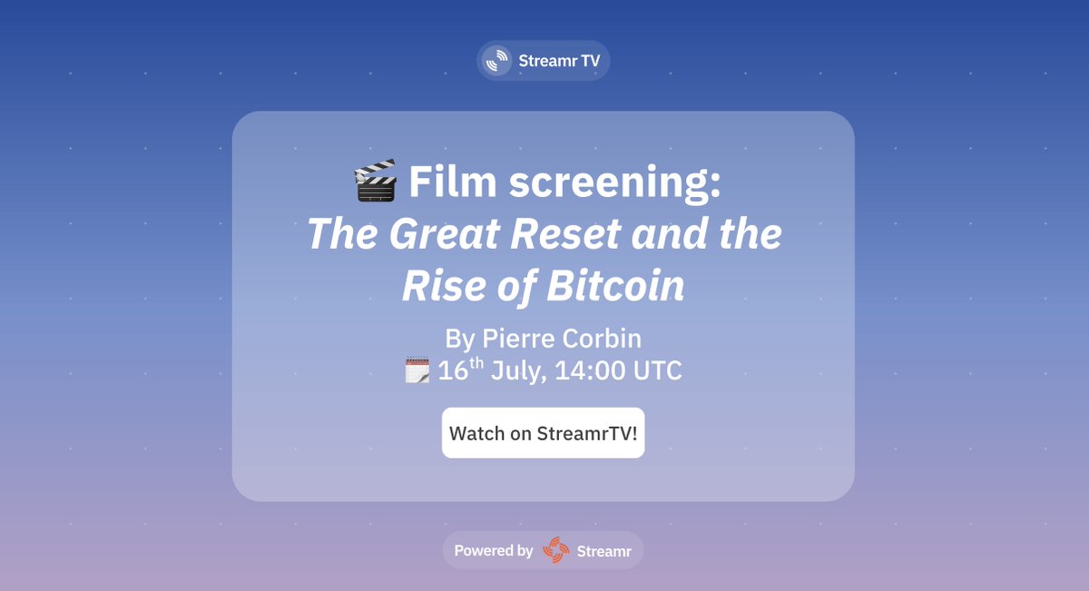 StreamrTV (@streamr_tv) on Twitter photo To celebrate the launch of <a href="/Streamr_TV/">StreamrTV</a>, we’re streaming the full documentary The Great Reset and the Rise of Bitcoin by <a href="/CierrePorbin/">Pierre Corbin</a> and <a href="/TheGreatReseta1/">The Great Reset Films</a>.
A deep dive into how Bitcoin challenges the global financial system.
🗓️ Streaming 14:00 UTC, 16th July
The documentary To celebrate the launch of <a href="/Streamr_TV/">StreamrTV</a>, we’re streaming the full documentary The Great Reset and the Rise of Bitcoin by <a href="/CierrePorbin/">Pierre Corbin</a> and <a href="/TheGreatReseta1/">The Great Reset Films</a>.
A deep dive into how Bitcoin challenges the global financial system.
🗓️ Streaming 14:00 UTC, 16th July
The documentary