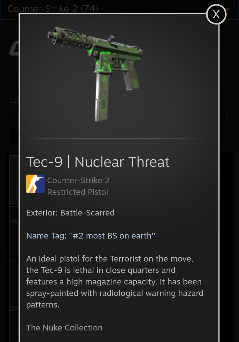 Good morning guys, won a bid on accident and now I own this
Let me know what you'd craft on it 😵‍💫

#2 highest float Tec-9 Nuclear Threat
Float - 0.79884481

Let's go?