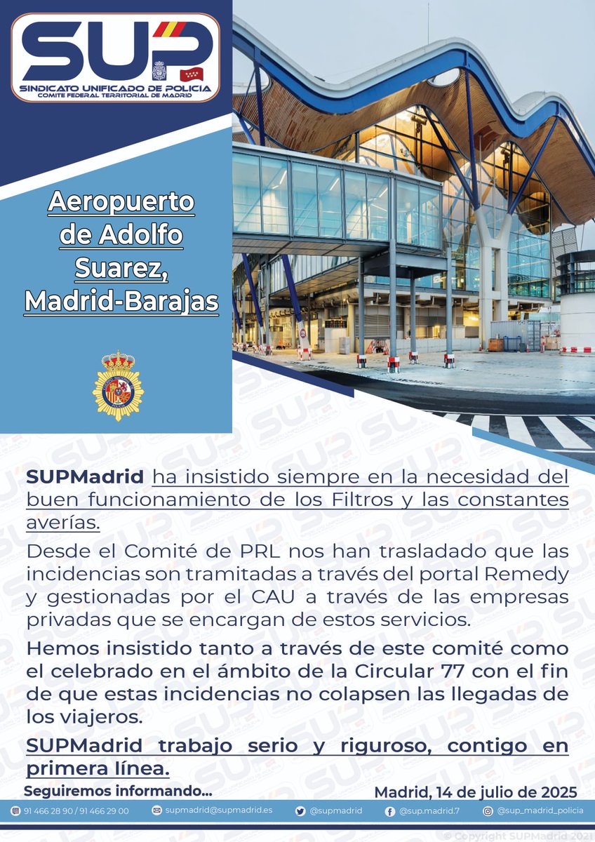 ✈️ En el #Aeropuerto de #MadridBarajas seguimos denunciando el mal estado de los filtros de entrada.
📝 #SUPMadrid insiste en la prioridad del mantenimiento urgente requerido para evitar colapsos y proteger al viajero.👨‍👩‍👦🧳👨‍👩‍👦‍👦
#SupInfraestructurasDignas #TuSeguridadNuestraPrioridad