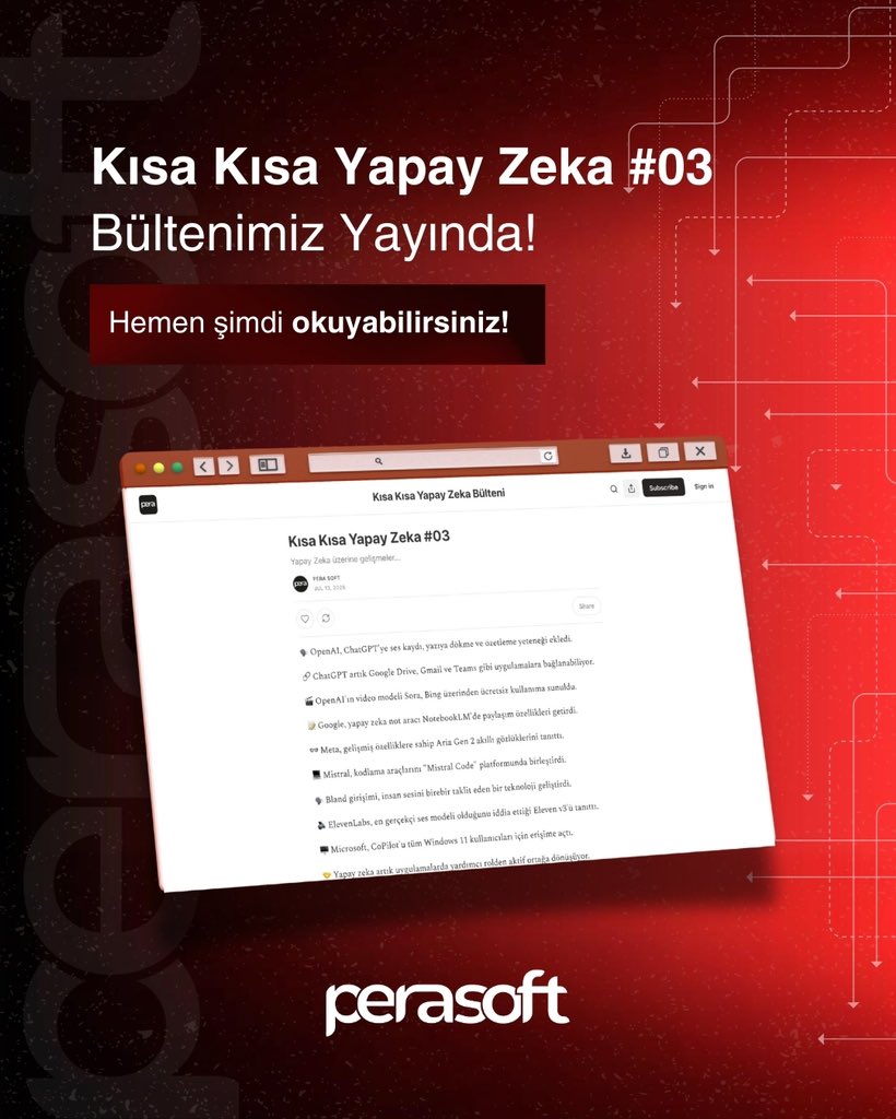 Kısa Kısa Yapay Zeka #03 bültenimiz yayında!

Dijital dünyanın en yeni yapay zeka gelişmelerine ulaşmak için hemen şimdi okuyabilirsiniz: perasoft.substack.com/p/kisa-kisa-ya…

#perasoft #yapayzeka