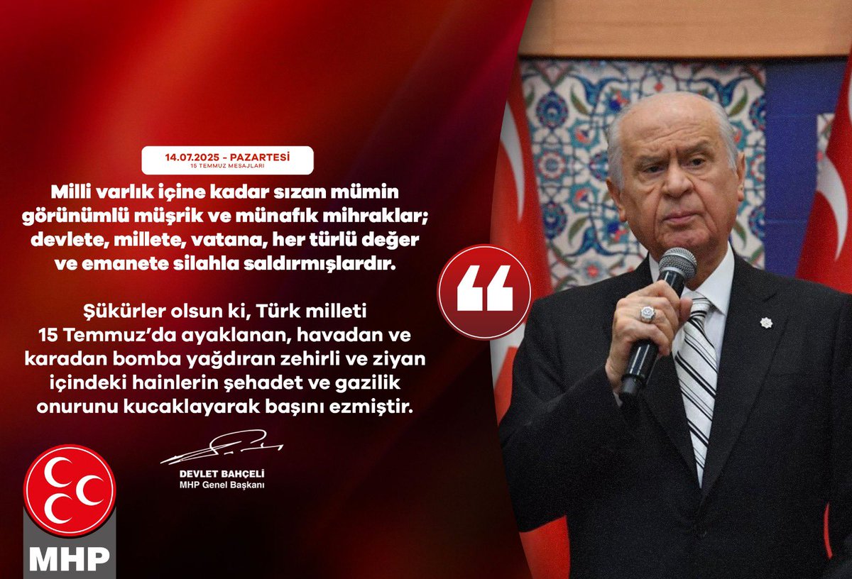 Milli varlık içine kadar sızan mümin görünümlü müşrik ve münafık mihraklar; devlete, millete, vatana, her türlü değer ve emanete silahla saldırmışlardır.
Şükürler olsun ki, Türk milleti 15 Temmuz’da ayaklanan, havadan ve karadan bomba yağdıran zehirli ve ziyan içindeki hainlerin