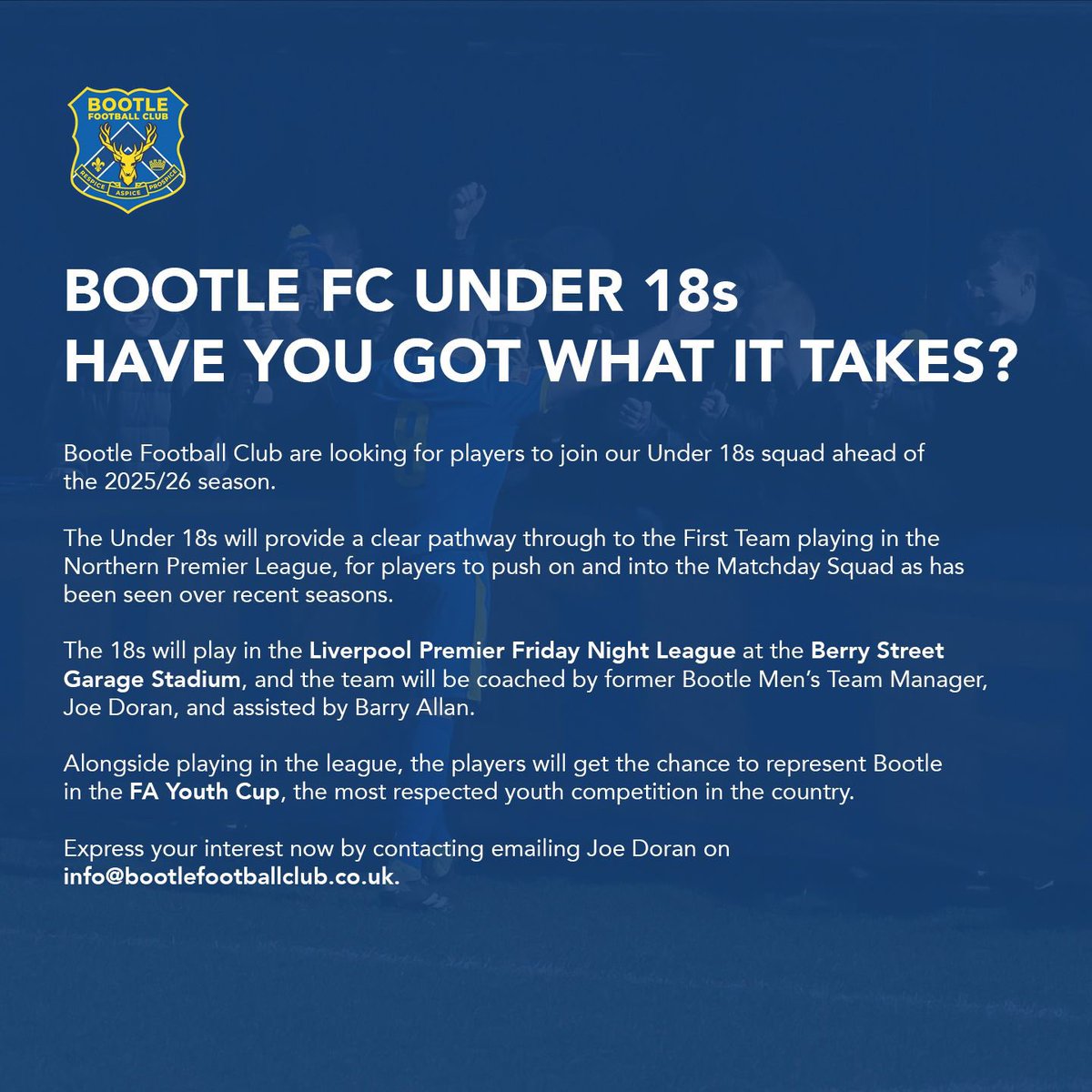 Bootle Football Club (@bootle_fc) on Twitter photo Have you got what it takes? 👀
Bootle FC U18 are looking for players to join ahead of the 25/26 season.
Contact Joe on info@bootlefootballclub.co.uk for more information. Have you got what it takes? 👀
Bootle FC U18 are looking for players to join ahead of the 25/26 season.
Contact Joe on info@bootlefootballclub.co.uk for more information.