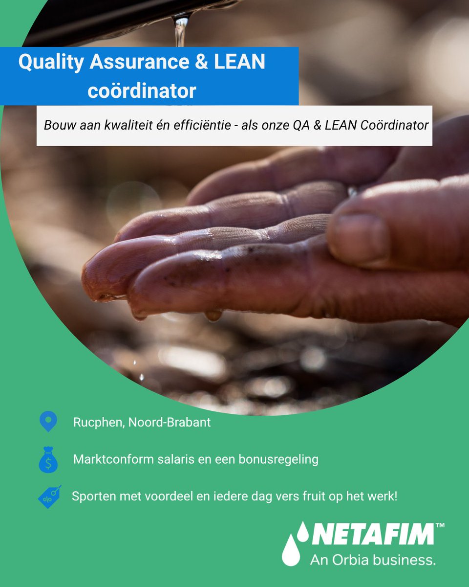 🔍Wij zoeken jou!
Als QA &amp; LEAN coördinator ben jij de drijvende kracht achter onze kwaliteitssysteem en de implementatie van LEAN-methodieken zoals 5S. Je traint collega’s, voert audits uit en voert verbeteringen door.  comeet.com/jobs/netafim/B…