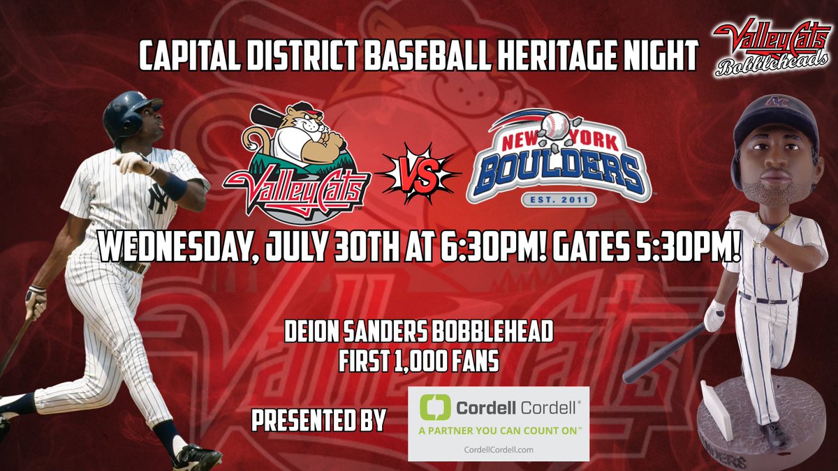 Capital District Baseball Heritage Night is on Wednesday, July 30th at 6:30 PM!

Arrive early, because the first 1,000 fans will receive a Deion Sanders Bobblehead courtesy of Cordell &amp; Cordell - Domestic Relations, Estate &amp; Probate!

🎟️: bit.ly/46emJ4l