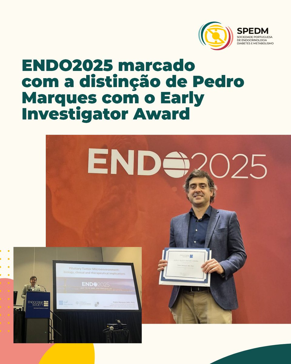 O Prof. Pedro Marques, vice-presidente da SPEDM, foi distinguido com o Early Investigator Award no ENDO 2025.
A distinção culminou com a sua apresentação na sessão Early Investigator Awardee Research Presentations, onde partilhou a investigação que lhe valeu este prémio. 👏