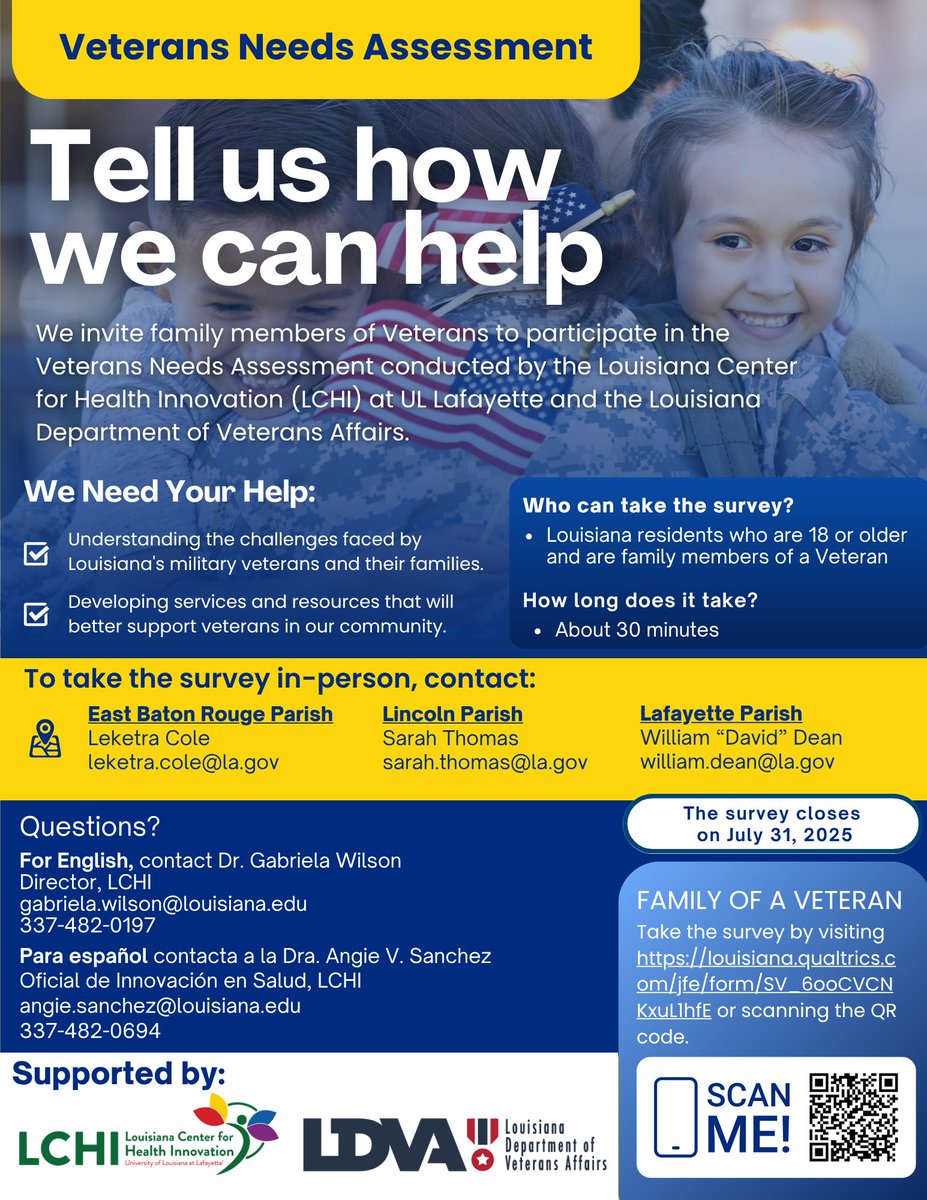 La. Dept. of Veterans Affairs (@lavetaffairs) on Twitter photo ATTENTION VETERAN FAMILY MEMBERS: WE WANT TO HEAR FROM YOU!
The <a href="/LCHI_UL/">Louisiana Center for Health Innovation</a> at <a href="/ULLafayette/">University of Louisiana at Lafayette</a> and the Louisiana Department of Veterans Affairs are conducting a survey study to identify opportunities for growth in serving Louisiana's veterans and their families. ATTENTION VETERAN FAMILY MEMBERS: WE WANT TO HEAR FROM YOU!
The <a href="/LCHI_UL/">Louisiana Center for Health Innovation</a> at <a href="/ULLafayette/">University of Louisiana at Lafayette</a> and the Louisiana Department of Veterans Affairs are conducting a survey study to identify opportunities for growth in serving Louisiana's veterans and their families.