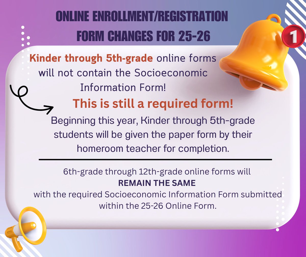 EnnisISD's tweet image. Beginning this year, Kinder through 5th-grade students will be given the paper form by their homeroom teacher for completion.

6th-grade through 12th-grade online forms will
REMAIN THE SAME with the required Socioeconomic Information Form submitted within the 25-26 Online Form.