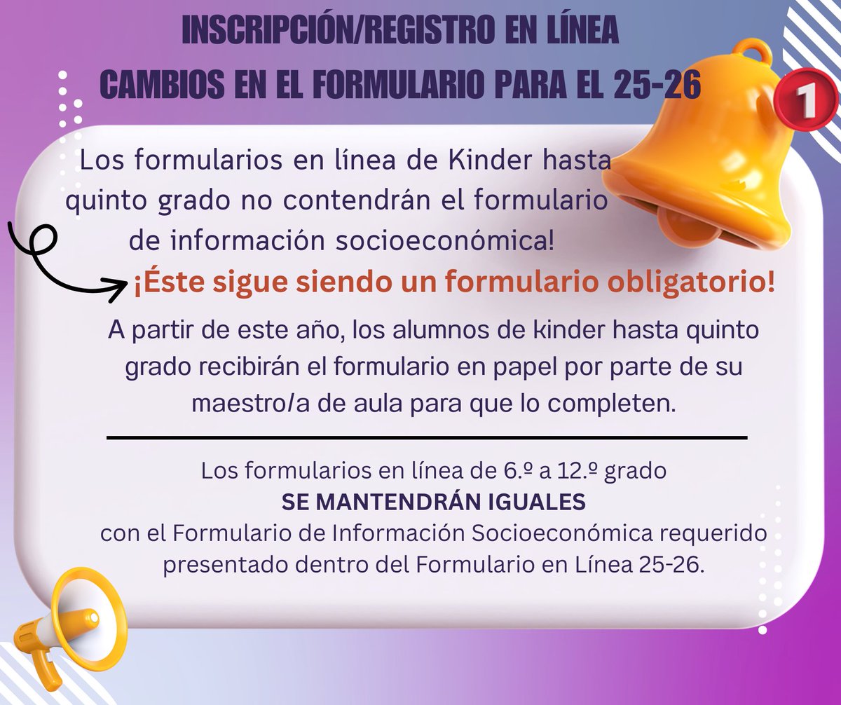 EnnisISD's tweet image. Beginning this year, Kinder through 5th-grade students will be given the paper form by their homeroom teacher for completion.

6th-grade through 12th-grade online forms will
REMAIN THE SAME with the required Socioeconomic Information Form submitted within the 25-26 Online Form.