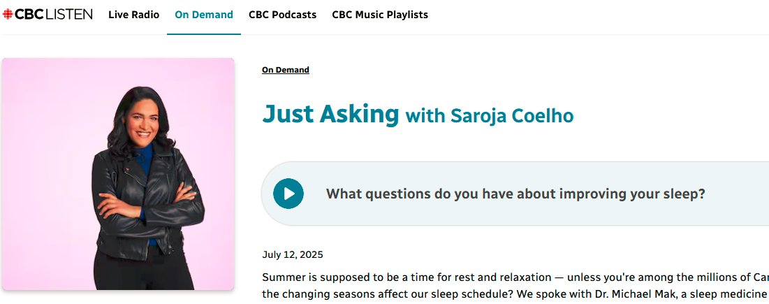 Michael Mak (@mak_mike) on Twitter photo I sat down with <a href="/lynnepeeps/">Lynne Peeples</a> to answer questions about sleep on Just Asking <a href="/CBCRadioCanada/">CBC/Radio-Canada</a> hosted by <a href="/sarojacoelho/">Saroja Coelho</a>. Check it out at:
open.spotify.com/episode/7DNCBB…
<a href="/CAMHnews/">CAMH</a> <a href="/UofTPsych/">UofTPsychiatry</a> <a href="/AASMorg/">American Academy of Sleep Medicine</a> <a href="/CanSleepSociety/">Canadian Sleep Society</a> I sat down with <a href="/lynnepeeps/">Lynne Peeples</a> to answer questions about sleep on Just Asking <a href="/CBCRadioCanada/">CBC/Radio-Canada</a> hosted by <a href="/sarojacoelho/">Saroja Coelho</a>. Check it out at:
open.spotify.com/episode/7DNCBB…
<a href="/CAMHnews/">CAMH</a> <a href="/UofTPsych/">UofTPsychiatry</a> <a href="/AASMorg/">American Academy of Sleep Medicine</a> <a href="/CanSleepSociety/">Canadian Sleep Society</a>