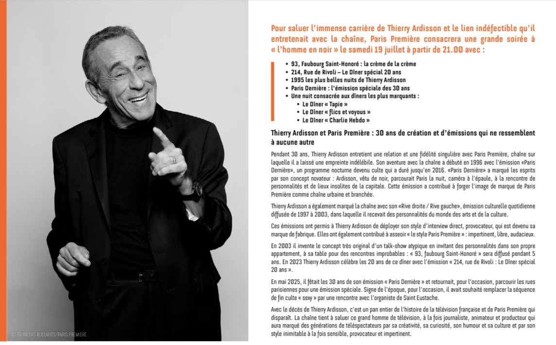 M6Pro (@m6pro) on Twitter photo Pour saluer l’immense carrière de Thierry Ardisson et le lien indéfectible qu’il
entretenait avec la chaîne, <a href="/ParisPremiere/">Paris Première</a> consacrera une grande soirée à « l’homme en noir » le samedi 19 juillet à partir de 21.00
#ThierryArdisson #parispremiere #hommage Pour saluer l’immense carrière de Thierry Ardisson et le lien indéfectible qu’il
entretenait avec la chaîne, <a href="/ParisPremiere/">Paris Première</a> consacrera une grande soirée à « l’homme en noir » le samedi 19 juillet à partir de 21.00
#ThierryArdisson #parispremiere #hommage
