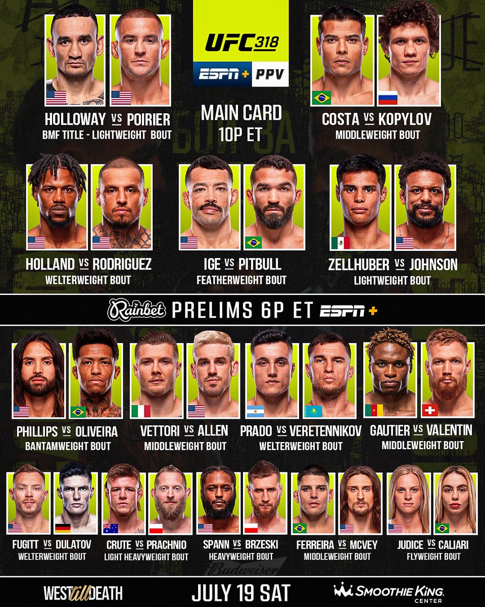 WestTillDeath's tweet image. #UFC318 Max Holloway vs. Dustin Poirier 3 - BMF Title Bout! Official Full Card for this Saturday! The Final Walk 💎
#maxholloway #dustinpoirier #ufc