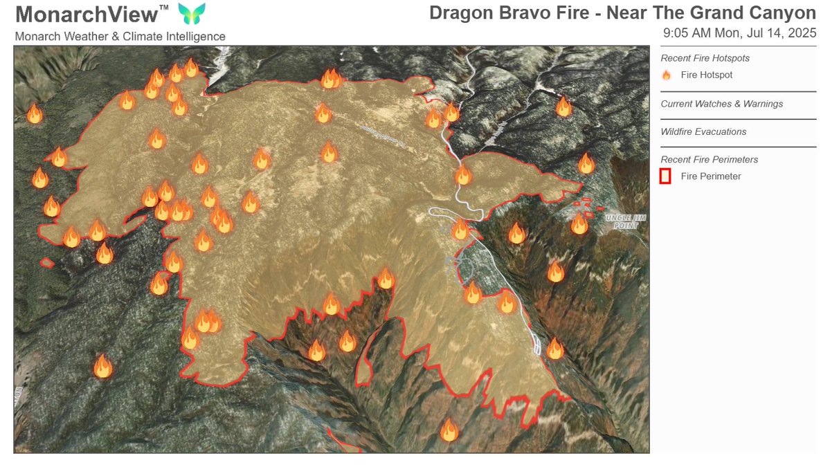 KathrynProciv's tweet image. A detailed look at the northern Arizona #wildfires. 3D terrain, hotspots and fire perimeters plotted via MonarchView™