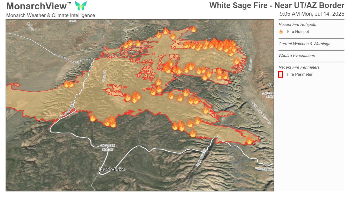 KathrynProciv's tweet image. A detailed look at the northern Arizona #wildfires. 3D terrain, hotspots and fire perimeters plotted via MonarchView™
