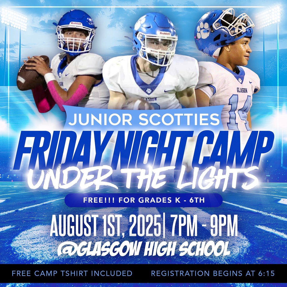 Mark your calendar for this year’s Friday Night Lights Football camp for K-6th graders! This is a FREE event being held at GHS on August 1 under the lights at Hank Royse Stadium.

GO SCOTTIES! 🐾