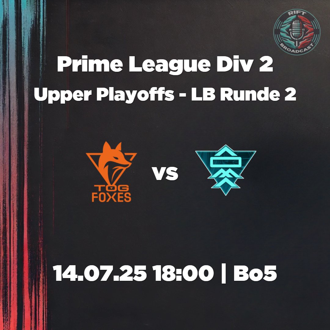 Rift Broadcast (@riftbroadcast) on Twitter photo Its <a href="/PrimeLeague/">Die Techniker Prime League</a> Div 2 Time!🔥🥳
Heute in der 2. Runde des Lower-Brackets treffen folgende Teams aufeinander:
<a href="/TOGfoxes/">TeamOrangeGaming</a> vs <a href="/AomaEsports/">A One Man Army</a>
In der Gruppenphase setzte sich AOMA gleich 2 Mal durch.
Kann TOGA zurückschlagen?🧐
Cast: <a href="/Dam0n_12/">Justin Wehr</a> & <a href="/Xempas/">Xempas</a>
Regie: <a href="/Jadiac5/">Jadiac</a> Its <a href="/PrimeLeague/">Die Techniker Prime League</a> Div 2 Time!🔥🥳
Heute in der 2. Runde des Lower-Brackets treffen folgende Teams aufeinander:
<a href="/TOGfoxes/">TeamOrangeGaming</a> vs <a href="/AomaEsports/">A One Man Army</a>
In der Gruppenphase setzte sich AOMA gleich 2 Mal durch.
Kann TOGA zurückschlagen?🧐
Cast: <a href="/Dam0n_12/">Justin Wehr</a> & <a href="/Xempas/">Xempas</a>
Regie: <a href="/Jadiac5/">Jadiac</a>