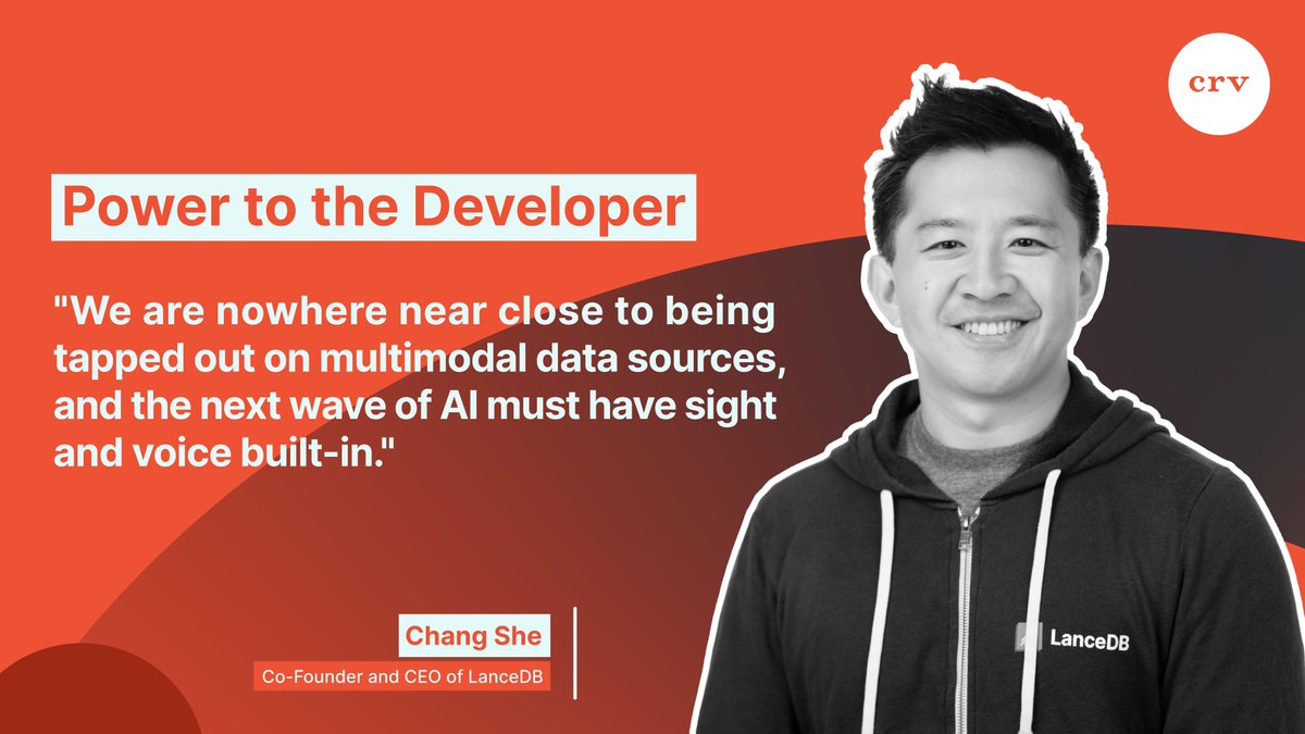 CRV's tweet image. Still building AI that only reads? We’re only scratching the surface. @LanceDB's Chang She says the next AI wave will see and speak, and we can’t wait to see it in action.