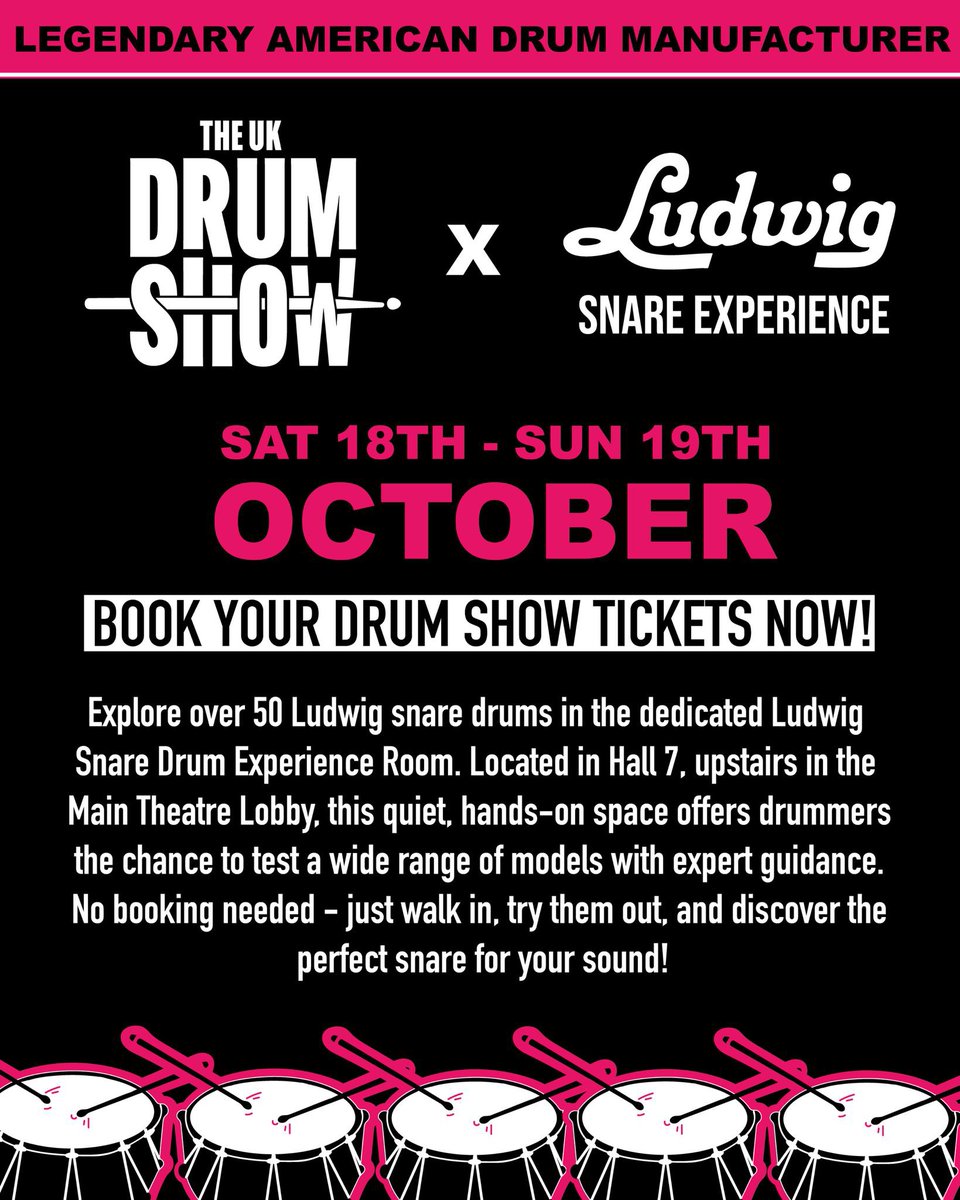 New for 2025 - The Ludwig Snare Drum Experience Room!

We’re thrilled to unveil an all-new immersive feature for this year’s UK Drum Show - the Ludwig Drums Snare Drum Experience Room!

This is a hands-on, player focused space - so come ready to hit! ⬇️

theukdrumshow.com/ludwig-drums-s…