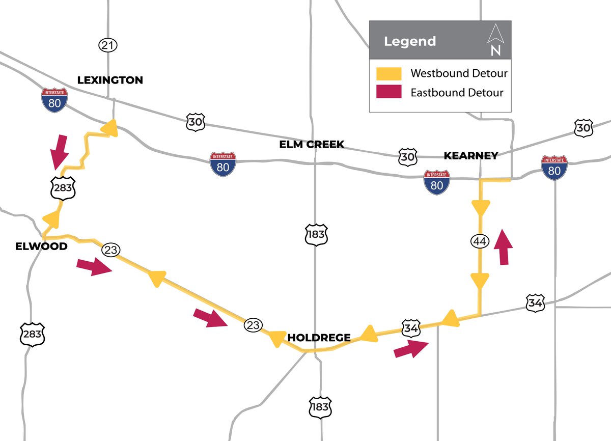 NebraskaDOT's tweet image. DESIGNATED DETOUR: I-80 near Elm Creek
A detour is in place to maintain emergency access and reduce delays in the event of a crash or incident near the work zone.
WB/EB traffic will be diverted using N-44 S to US-34 W and N-23, then north on US-283 and vice versa.