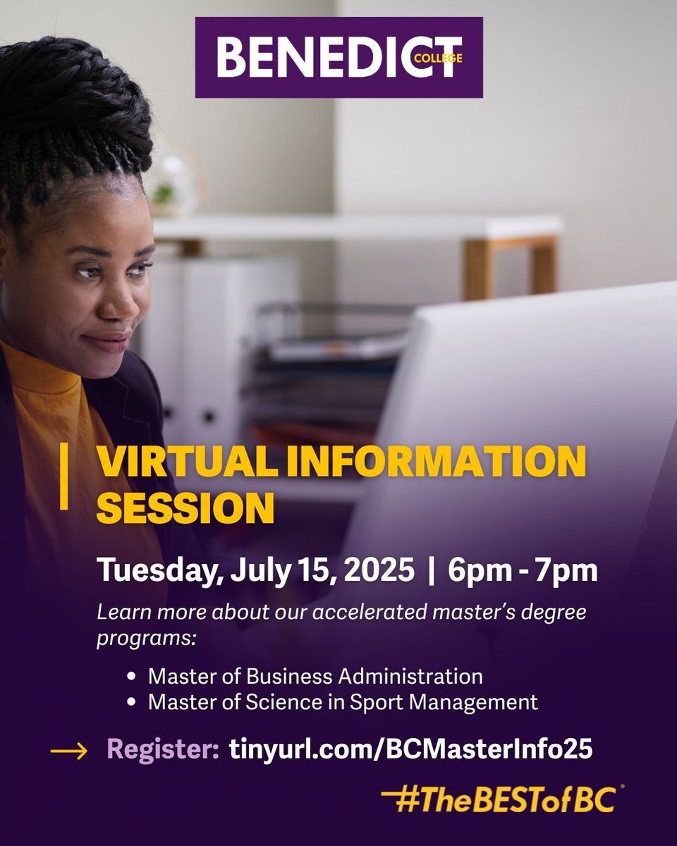 BenedictEDU's tweet image. Join us for a virtual information session to learn more about Benedict College’s two accelerated master’s degree programs.
The Master of Business Administration and the Master of Science in Sport Management programs offer students distinctive coursework and co-curricular…