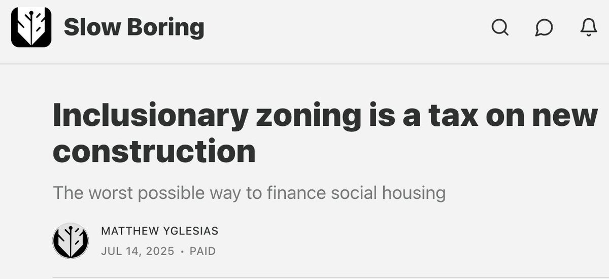 Read <a href="/mattyglesias/">Matthew Yglesias</a>'s post today!

I agree that unfunded inclusionary zoning is a bad way to finance social housing, but Matt's post elides fact that IZ operates as tax on land as well as a tax on new construction.

This dual character makes the politics of IZ reform tricky. 
1/🧵