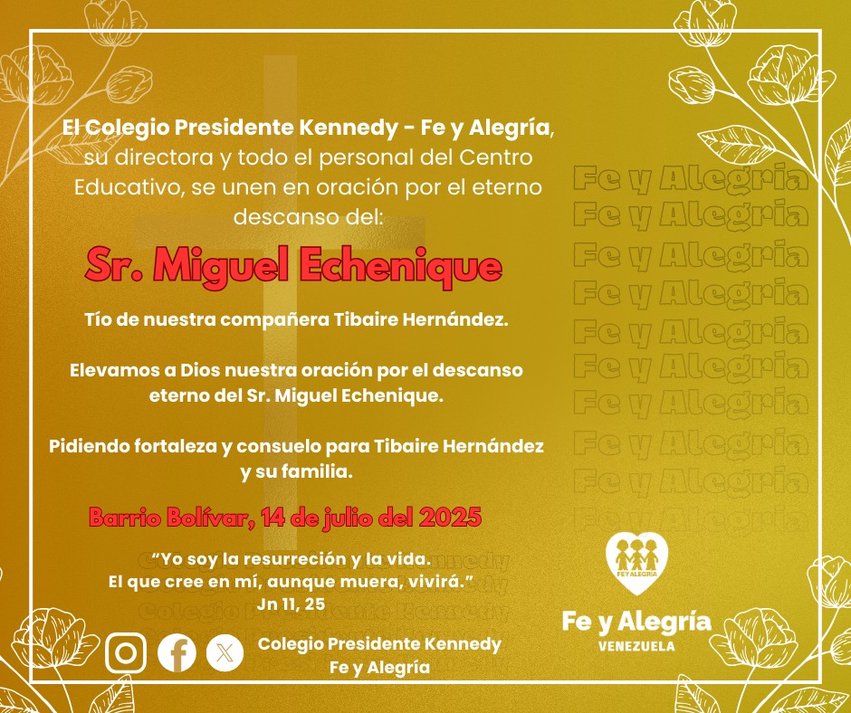 Nos unimos en oración por el descanso eterno del Sr. Miguel Echenique. 

Acompañamos con nuestra oración también a nuestra hermana, Tibaire Hernández y a sus familiares.

🙏🙏