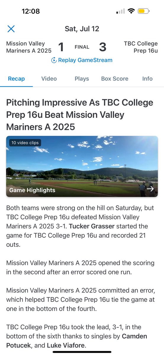 <a href="/TBCCollPrep16U/">TBC College Prep 16U</a> wins a close game against the Mission Valley Mariners behind a dominant pitching performance by Tucker Grasser!!  Complete game 1 run 4 SO’s!!!  

Brady Wofford led the offense going 2-3 and scoring a run!!

<a href="/CamdenPotucek5/">Camden Potucek</a>, Luke Viafore knocked RBI’s for the win!