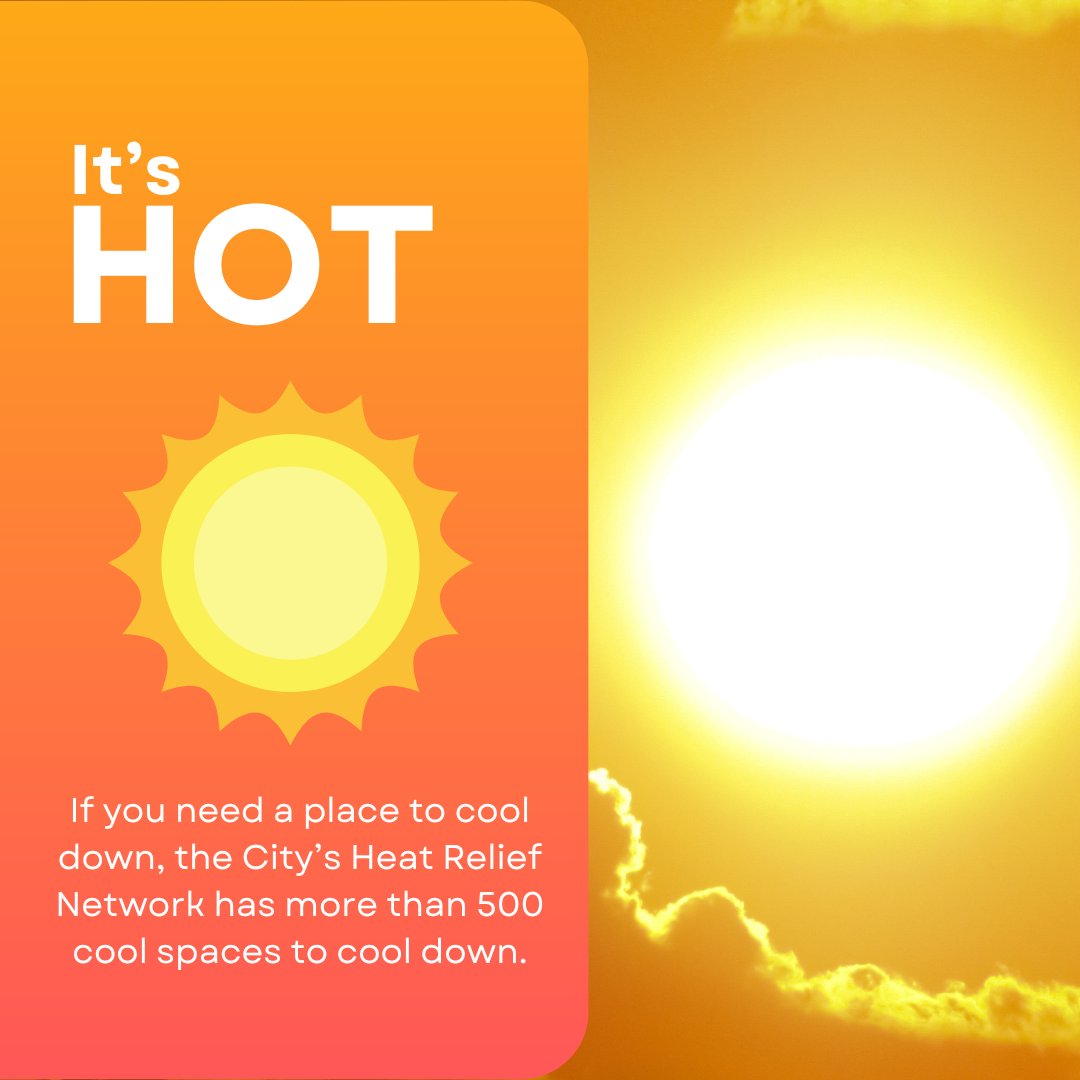 Toronto is still under a heat warning.

This heat can cause potential health risks so please, check on friends, family &amp; neighbours. 

If you need relief from the heat, there are 500+ places to cool off in our Heat Relief Network.

Find cool spaces👉 toronto.ca/community-peop…