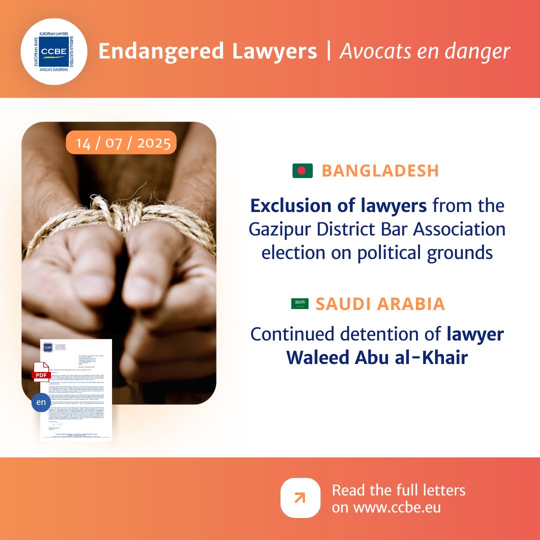 CCBEinfo's tweet image. 📢New CCBE letters in support of #Endangeredlawyers in #Bangladesh and #SaudiArabia:
🔎Bangladesh: ccbe.eu/fileadmin/spec…
🔎Saudi Arabia: ccbe.eu/fileadmin/spec…