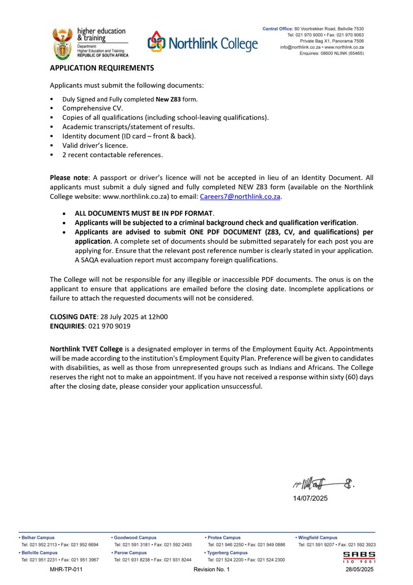 Check out the latest vacancies available:

1. Senior Lecturer: Boiler Maker

For more details, visit: northlink.co.za/vacancies

#NorthlinkCollege