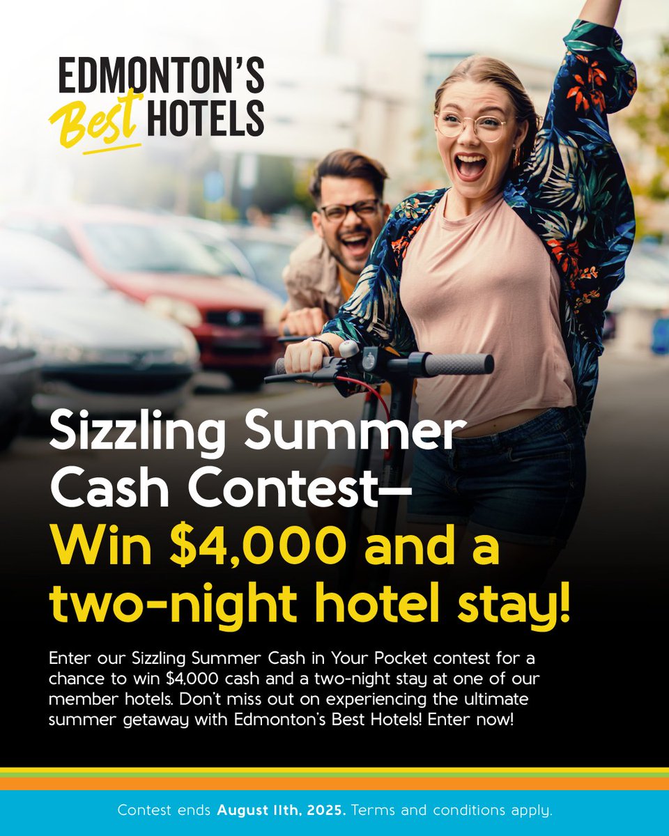 🔥 Win $4,000 CASH + a 2-night hotel stay in Edmonton!
Enter the Sizzlin’ Summer Contest from Edmonton’s Best Hotels.
🎁 Contest closes Aug 11
 🎯 Enter here: edmontonsbesthotels.com/enter-our-cont…
#YEGContests #SummerGiveaway #SizzlinSummer2025 #VisitEdmonton #EBHgiveaway