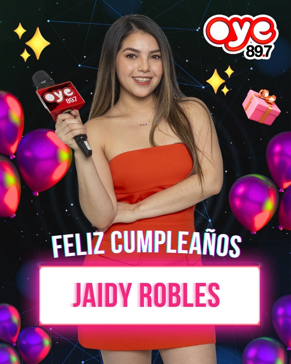🎉 ¡Hoy festejamos el cumpleaños de <a href="/jaidy_robles/">Jaidy Robles</a> ! 

✨ ¡Sigue compartiendo tu energía y buena vibra !💕 Te deseamos lo mejor y que se venga un año increíble. 

#Oye897fm #JaidyRobles