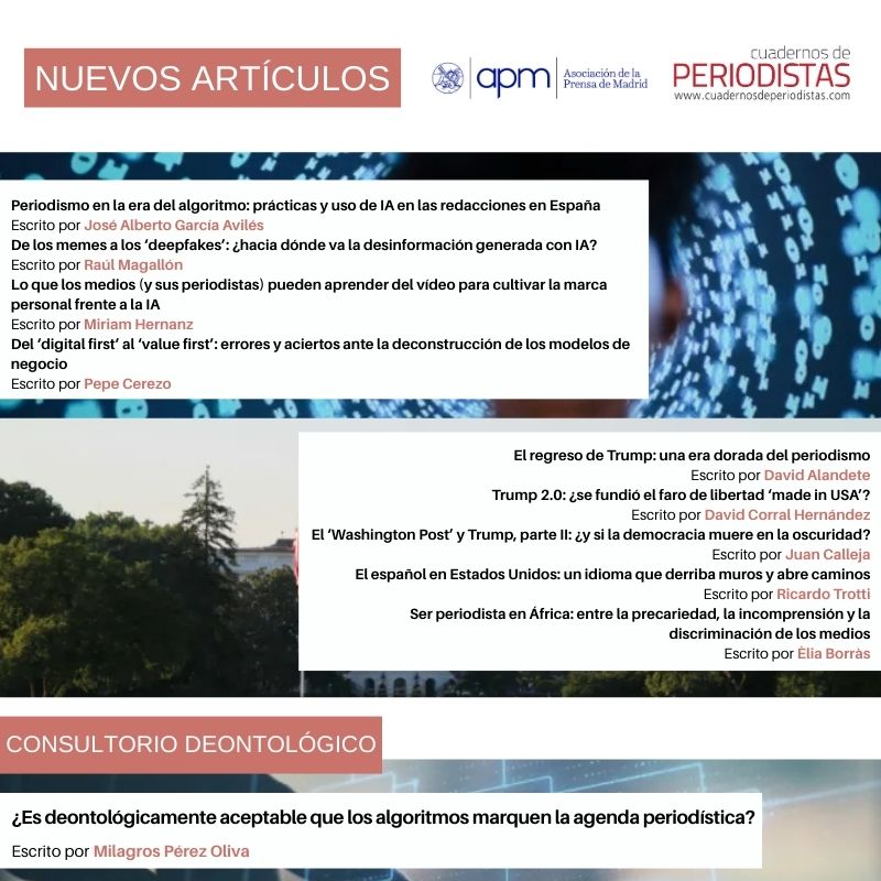 APM (@aprensamadrid) on Twitter photo 🆕 Nuevos artículos en #CuadernosDePeriodistas cutt.ly/ZeWZSZgN
▶️ "Periodismo en la era del algoritmo: prácticas y uso de IA en las redacciones en España", por José Alberto García Avilés (<a href="/jagaraviles/">Jose A. García Avilés</a>)
▶️ "De los memes a los ‘deepfakes’: ¿hacia dónde va la desinformación 🆕 Nuevos artículos en #CuadernosDePeriodistas cutt.ly/ZeWZSZgN
▶️ "Periodismo en la era del algoritmo: prácticas y uso de IA en las redacciones en España", por José Alberto García Avilés (<a href="/jagaraviles/">Jose A. García Avilés</a>)
▶️ "De los memes a los ‘deepfakes’: ¿hacia dónde va la desinformación