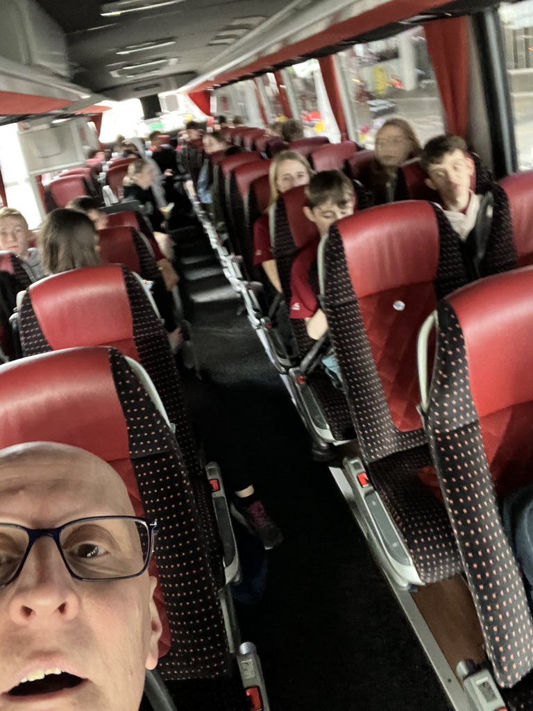 On the bus back to school. Please pick up at 3.20 as we will be arriving when the other buses are leaving school and there will be nowhere to park.  Please do not park in the turning circle.  See you shortly😊