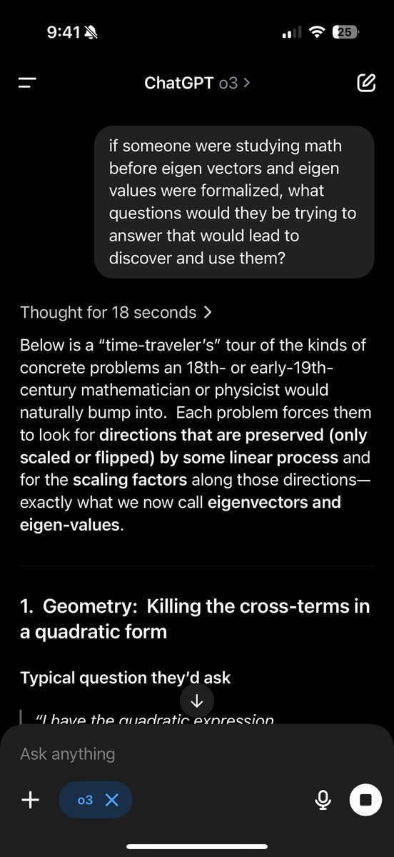 Vtrivedy10's tweet image. a frustrating part about studying math is stumbling upon new results and concepts and thinking “where tf did this even come from?  what even prompted someone to come up with this”

o3 is a great time traveler teacher that contextualizes what problems mathematicians were working…