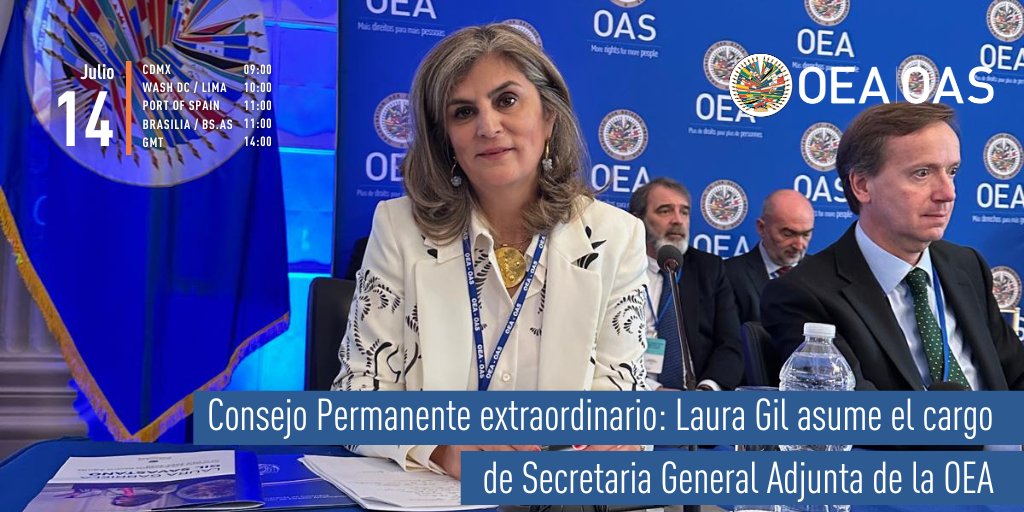 #HOY | Consejo Permanente extraordinario: Laura Gil <a href="/Lauraggils/">Laura Gil</a> asume el cargo de Secretaria General Adjunta de la #OEA

🗓️ 14 de julio
⏰ 10:00 EDT-14:00 GMT
📺 oas.org
📍 Salón de las Américas
ℹ️ oas.org/es/centro_noti…