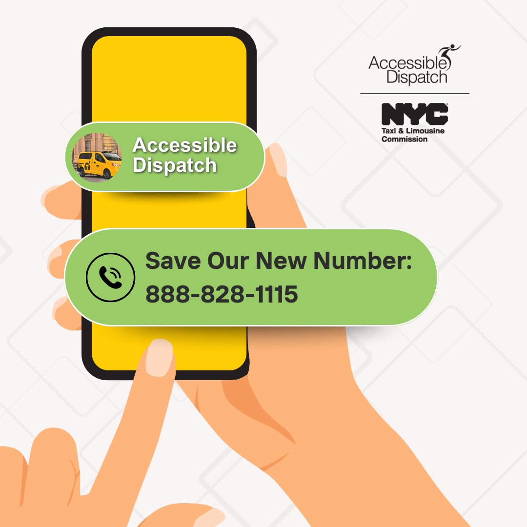 nycaccessible's tweet image. 📞 We have a new phone number to make it even easier for passengers to reach Accessible Dispatch and other accessible taxi providers in NYC!

Whether you&apos;re scheduling a trip or need assistance, Just call 888-828-1115.

✅ Be sure to save it in your contacts!