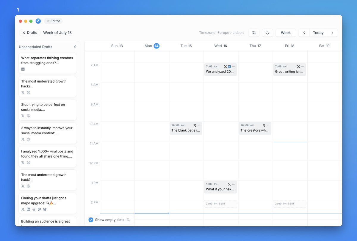 linuz90's tweet image. Working on a revamped calendar experience in @typefully.
Do you prefer:
1) A weekly view with the time of day as y-axis?
2) Or a kanban view with all posts and empty slots?
We'll likely keep both, but want to choose the best default.
Drag and drop will work in both views.