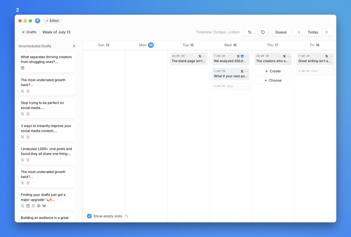 linuz90's tweet image. Working on a revamped calendar experience in @typefully.
Do you prefer:
1) A weekly view with the time of day as y-axis?
2) Or a kanban view with all posts and empty slots?
We'll likely keep both, but want to choose the best default.
Drag and drop will work in both views.