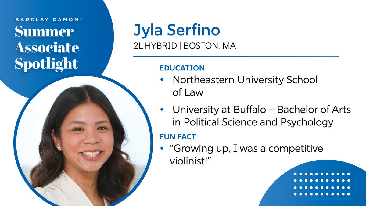 BarclayDamonLLP's tweet image. Meet Jyla Serfino, a 2L hybrid summer associate in our #Boston office. Jyla has joined Barclay Damon from Northeastern University School of Law.

We’re proud to have Jyla on our team this summer!

#SummerAssociate #Spotlight #FutureLeaders #FutureLawyers #LifeAtBarclayDamon