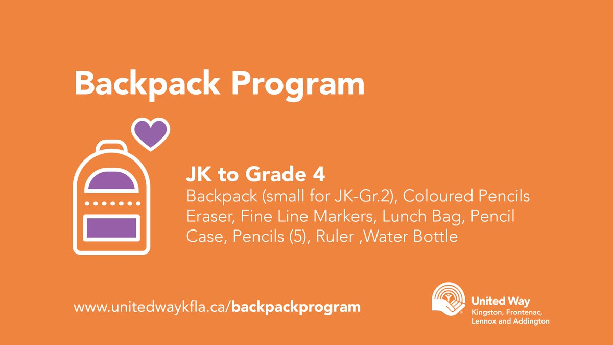 unitedwaykfla's tweet image. Have you started back-to-school shopping yet? 🎒 Consider adding items for the #BackpackProgram! Backpacks, lunch bags, pens, pencils, rulers, math sets, markers, and crayons are most needed. 
Donate at 417 Bagot St, Mon-Fri, 8:30am-4:30pm.  
More info: unitedwaykfla.ca/news/backpackp…